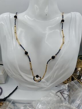 Gold Tone and Metallic Black Beaded Women's Necklace 26‎ Inch N0529